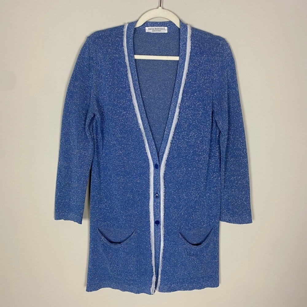 Amina Rubinacci Blue Sparkle Knit Long Cardigan Sweater White Trim Fringe